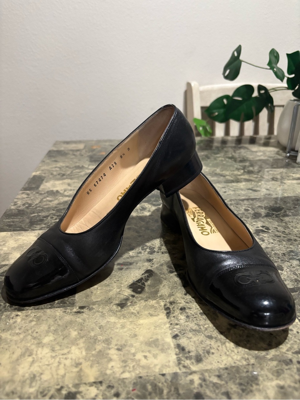Salvatore Ferragamo Black Leather Round Toe Low Heel Pumps